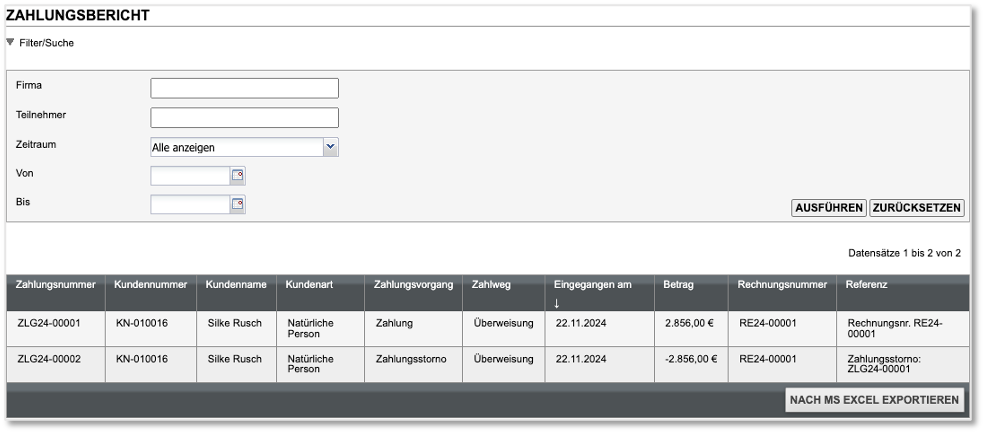 Zahlungsbericht: Liste aller erfassten Zahlungen