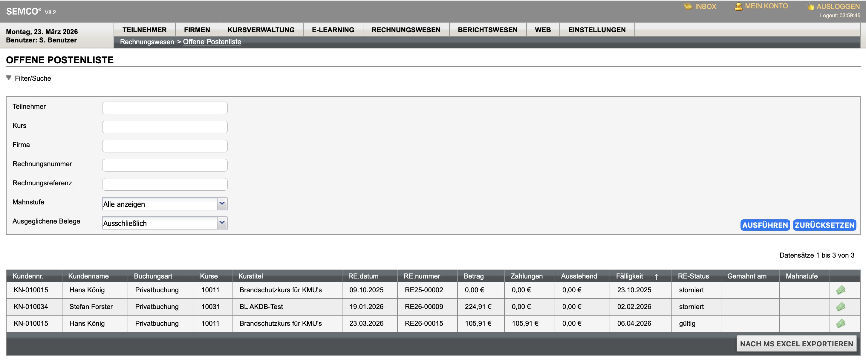 Liste der Rechnungen mit ausgeglichenen Beträgen