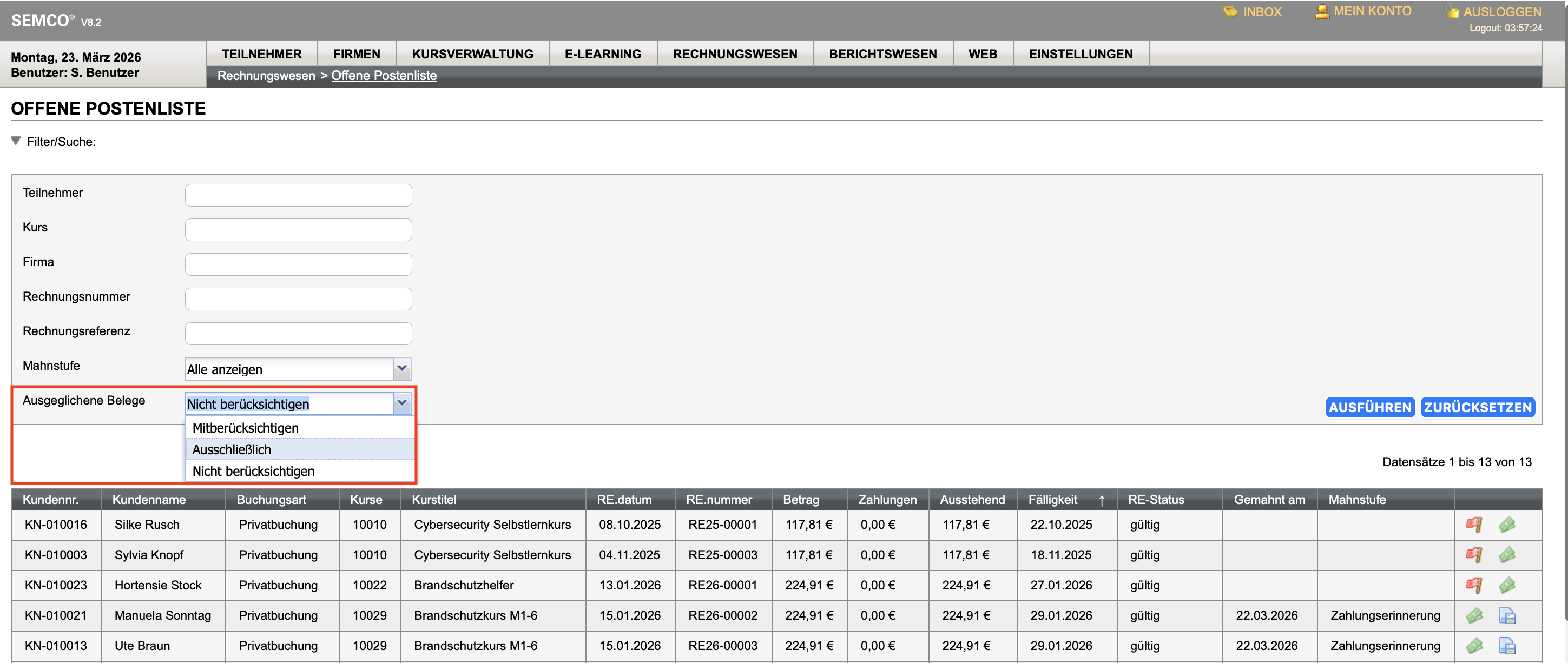 Offene-Postenliste mit geöffneter Filter/Suche