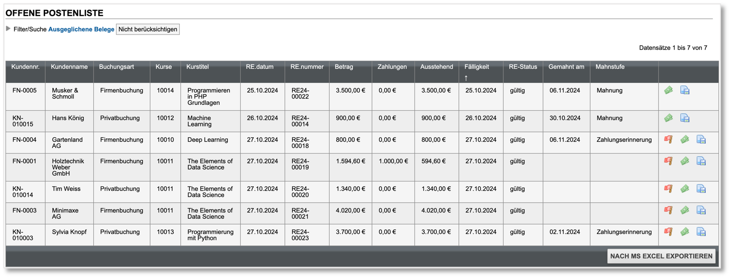 Übersichtsliste mit den offenen Posten