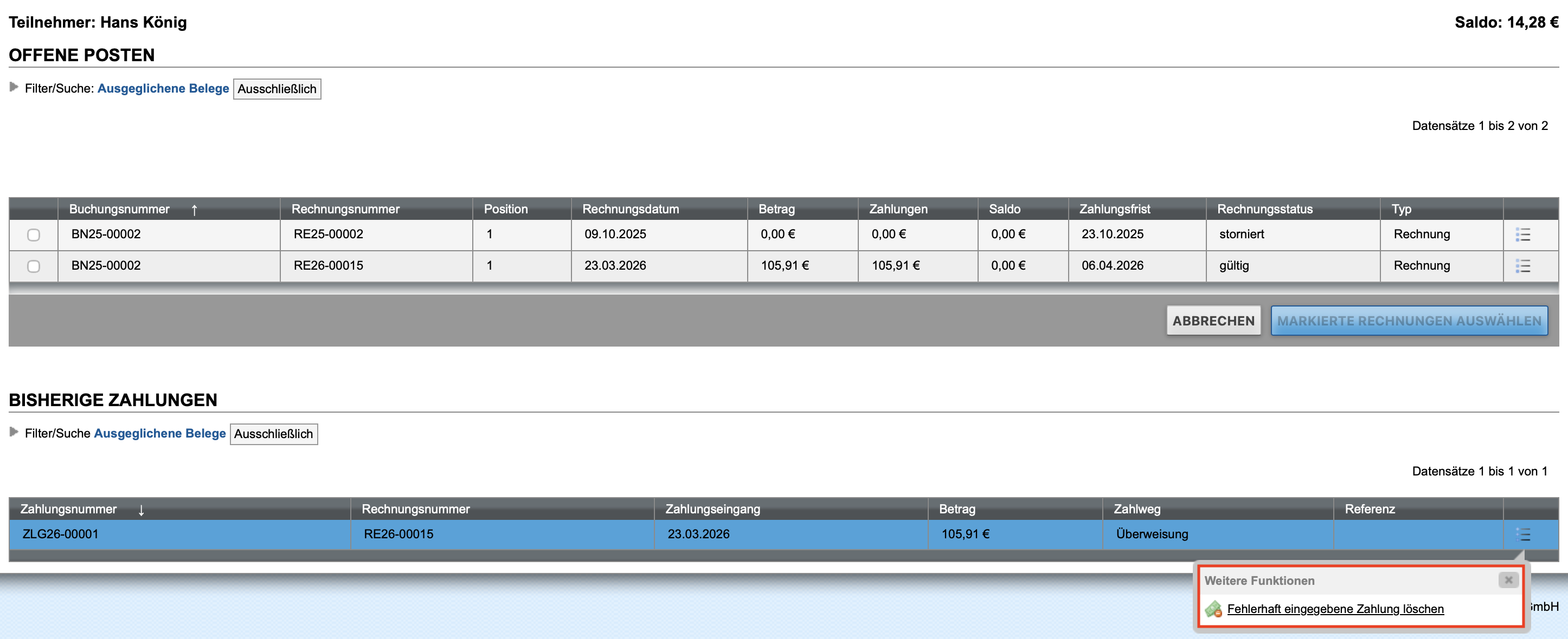 Ausgeglichene Rechnungen eines Kunden
