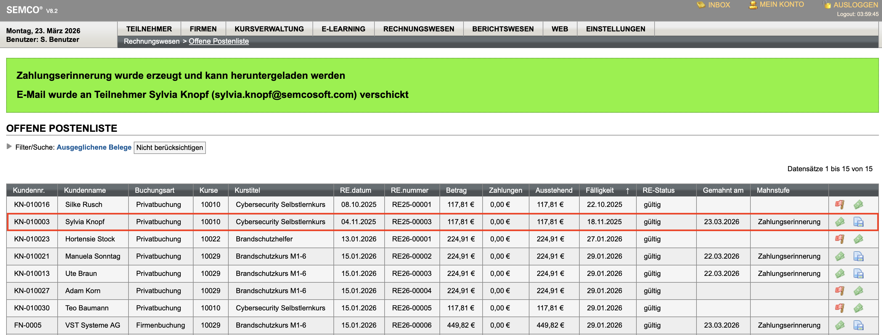 Offene Postenliste mit verschickter Zahlungserinnerung