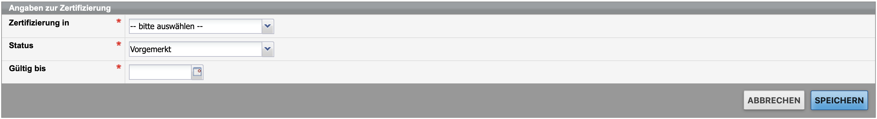 Eingabeformular für externe Zertifizierung