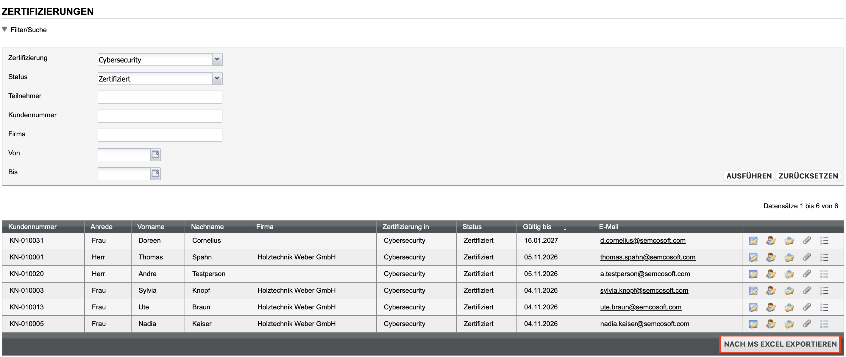 Exportoption in der Zertifizierungsübersicht
