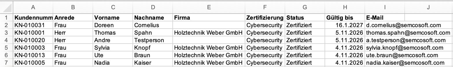 Excel-Export der Zertifizierungsübersicht