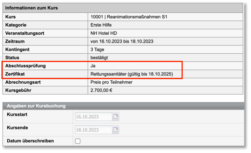 Zertifizierungsangabe im Kursbuchungsformular