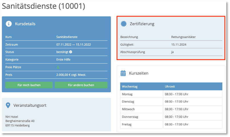 Zertifizierungsangabe im Kurskalender