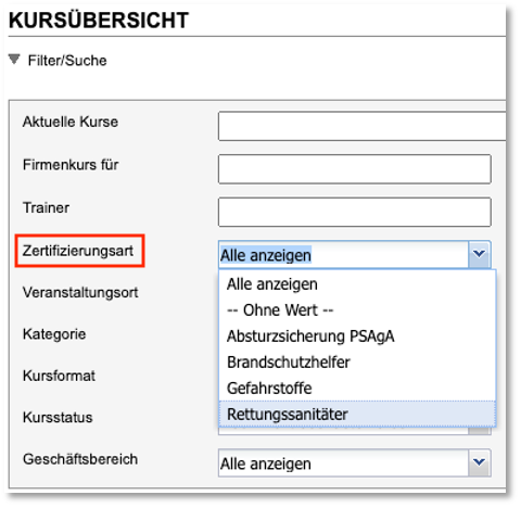Filterung nach Zertifizierungsart in der Kursübersicht