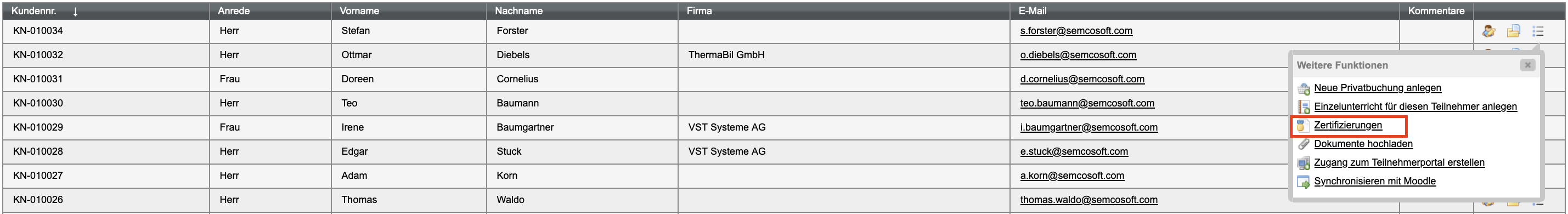Menüpunkt Zertifizierungen in der Teilnehmerliste