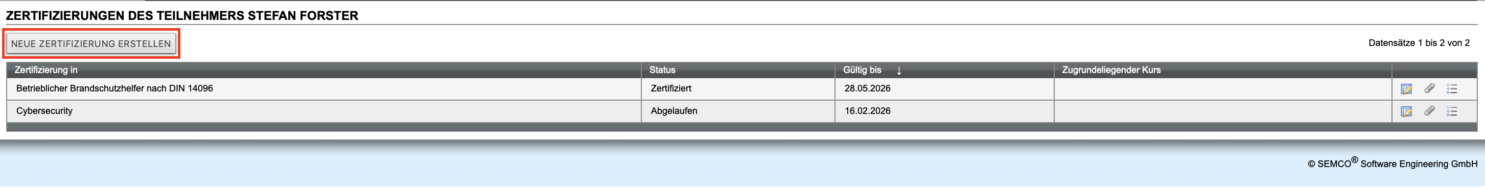 Übersicht über alle Zertifizierungen eines Teilnehmers