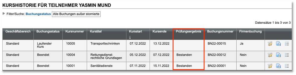 Spalte Prüfungsergebnis in der Kurshistorie