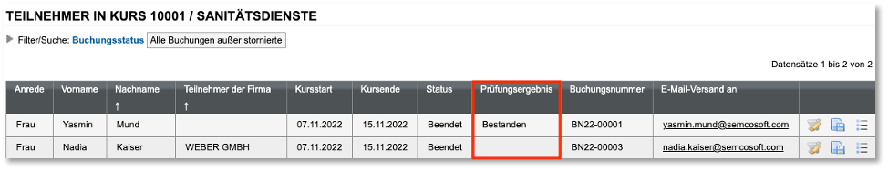 Prüfungsergebnis in der Teilnehmerliste einsehen