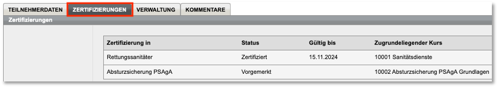 Registerkarte Zertifizierungen in den Teilnehmerstammdaten